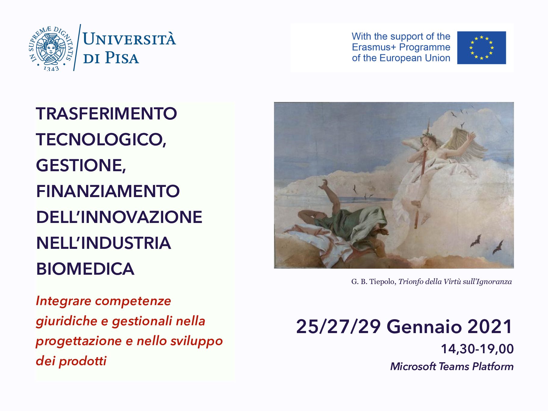 Corso intensivo “Trasferimento tecnologico, gestione, finanziamento dell’innovazione nell’industria biomedica” – 25/27/29 gennaio 2021