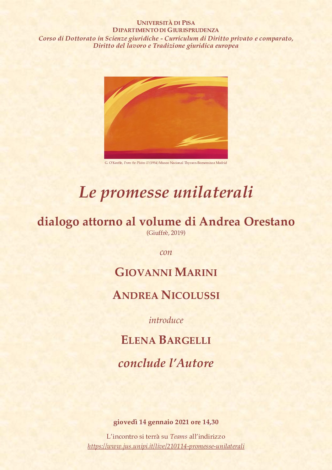 Presentazione del volume di Andrea Orestano “Le promesse unilaterali” – 14 gennaio 2021