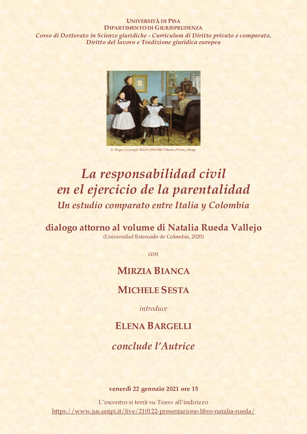 Presentazione del volume di Natalia Rueda Vallejo “La responsabilidad civil en el ejercicio de la parentalidad” – 22 gennaio 2021